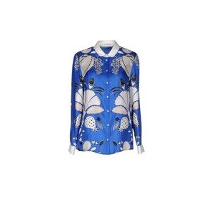 Julia Krupp Silk Button Up Shirt SZ 38/S Blue White Floral Long Sleeve Blouse